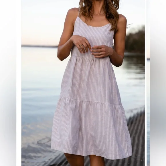 Lena Tiered Linen Dress in Beige and White Stripe Sz L handmade fair trade - Picture 3 of 7